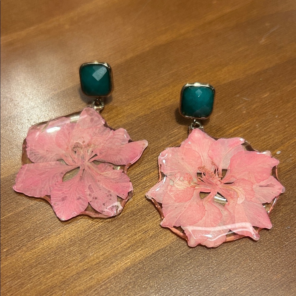 Pink Floral Resin Earrings with Green Gem